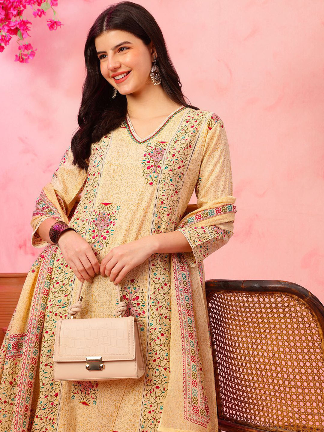 Anouk Floral Printed Panelled Lace Work Pure Cotton A-Line Kurta With Trousers & Dupatta