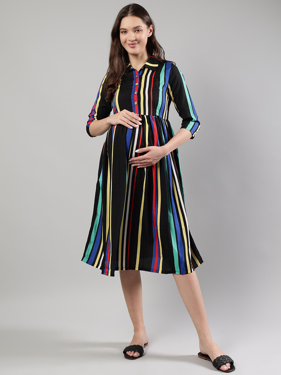 Cot'N Soft Striped Gathered or Pleated Pure Cotton Fit & Flare Maternity Kurta