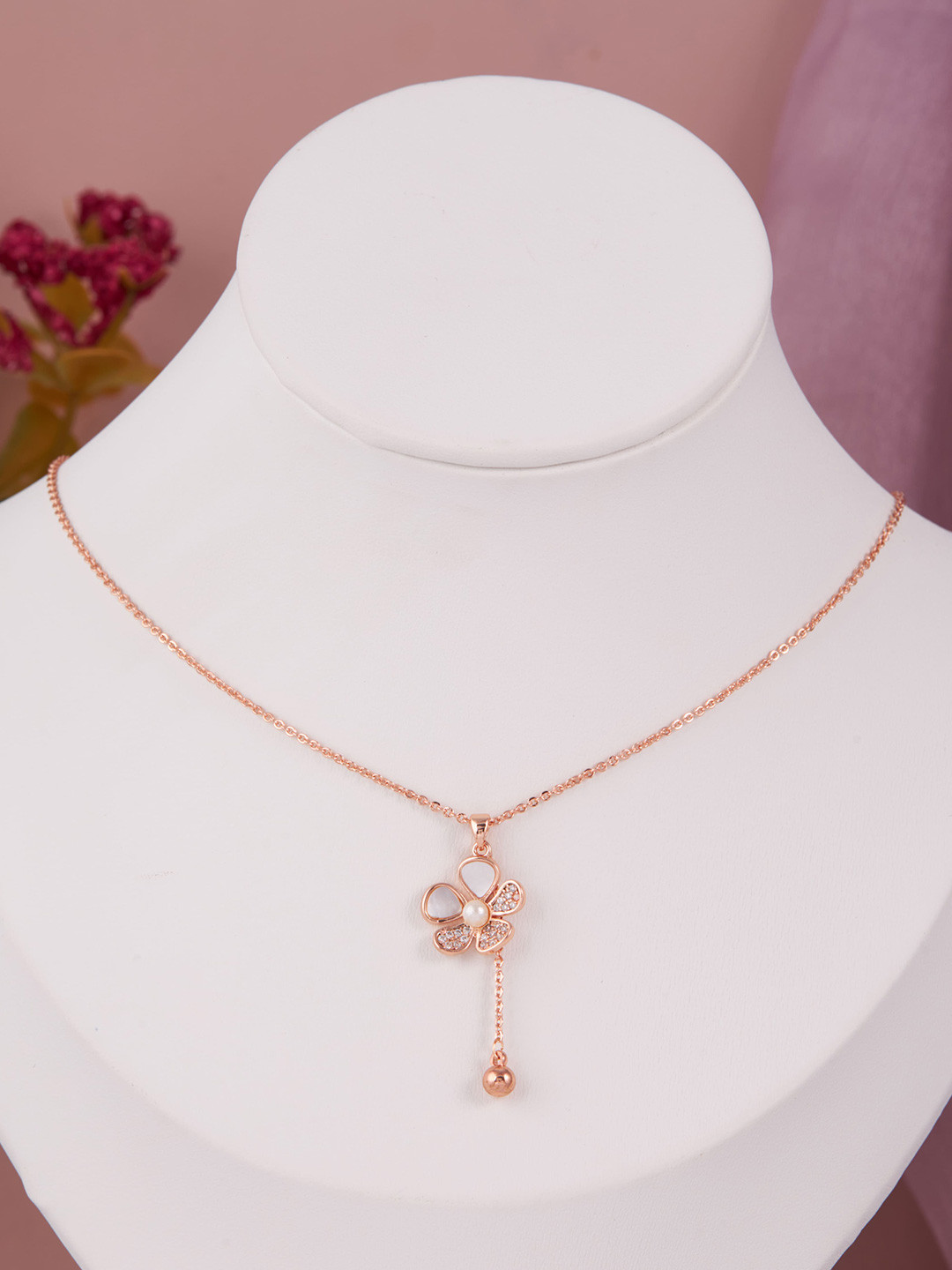 GC Jewelery Stainless Steel Rose Gold-Plated Pearls & Crystals Studded Pendant with Chain
