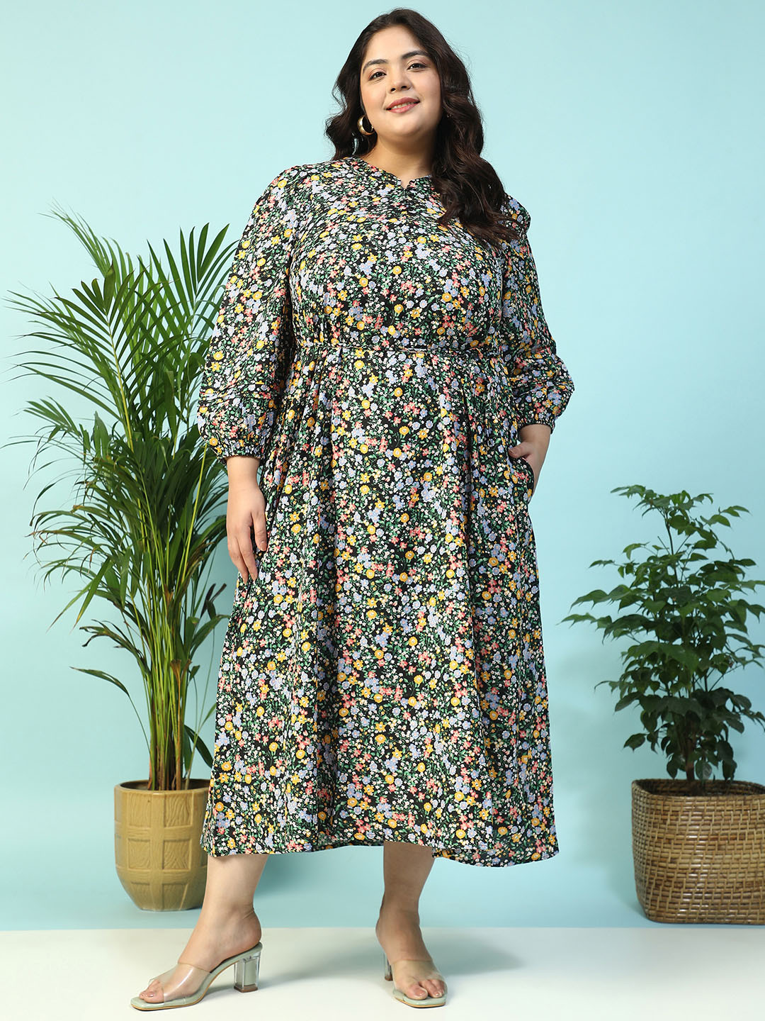Oxolloxo Plus Size Floral Print Round Neck Long Sleeve Maxi Dress With Waist Tie-Up Belt