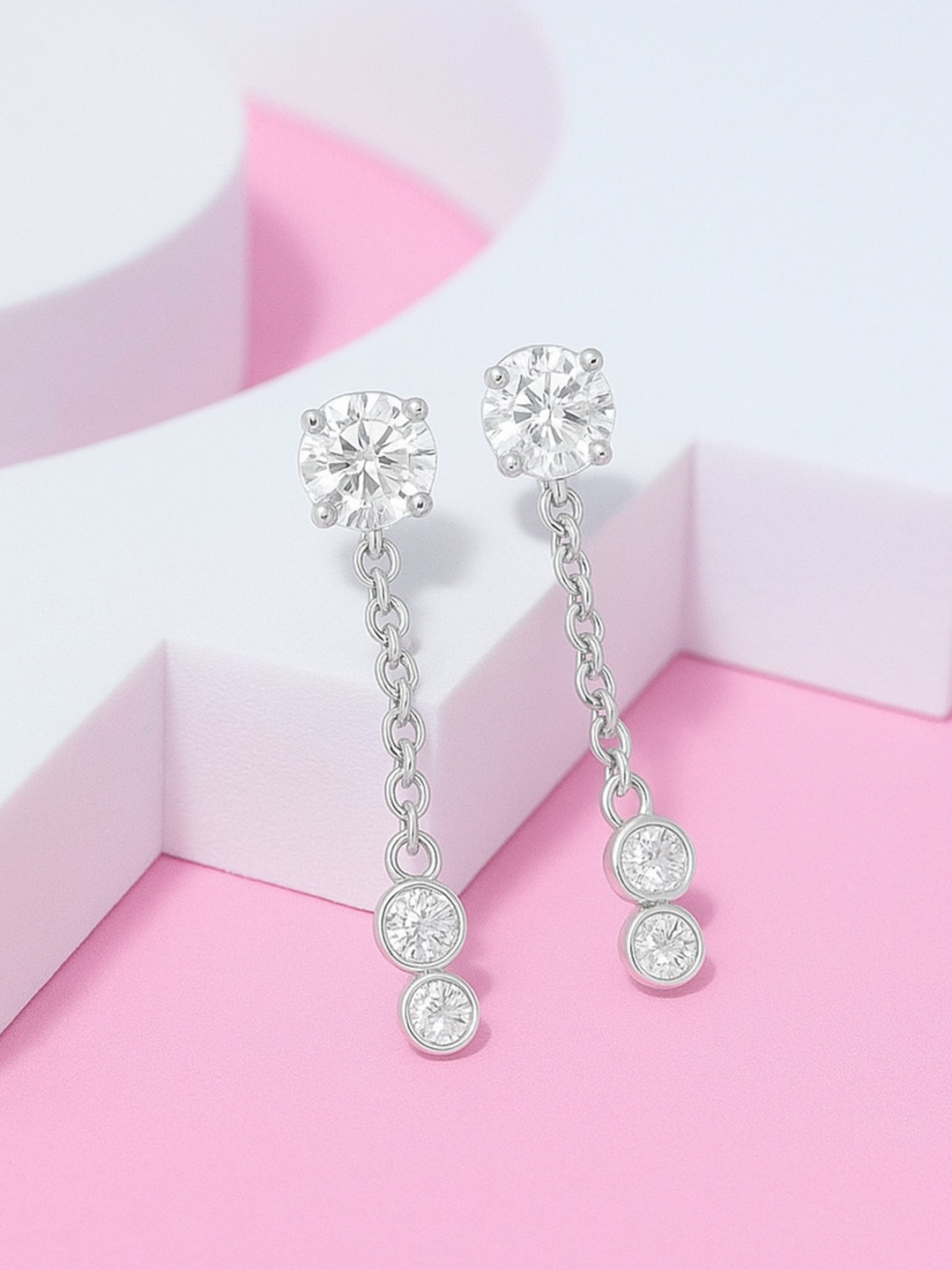 Zisthi 925 Sterling Silver Rhodium-Plated Twin Drop Chain Dangling Stud Earrings