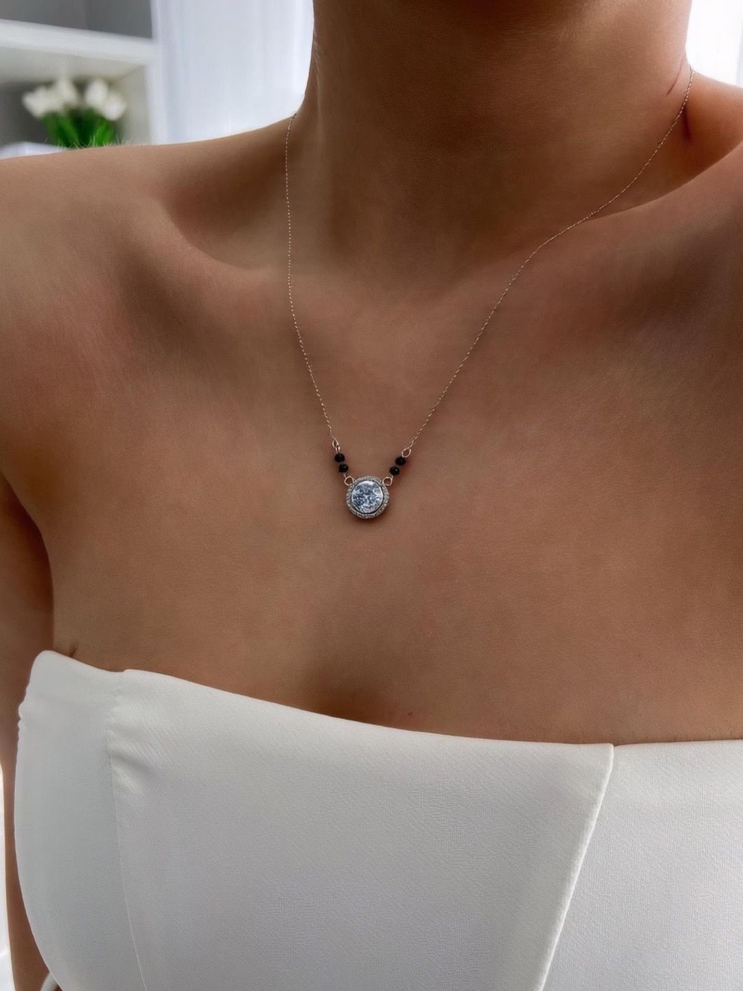 Digital Dress Room Silver-Plated Solitaire Studded & Beaded Silver Mangalsutra