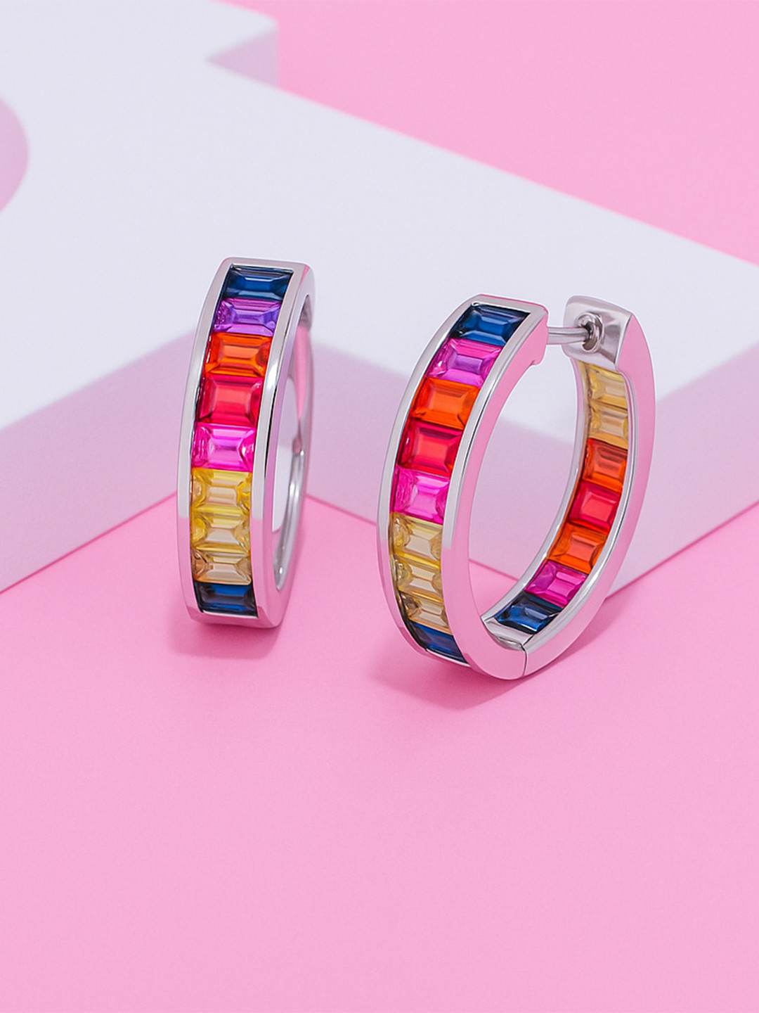 Zisthi 925 Sterling Silver Rhodium-Plated Silver Rainbow Sapphire Baguette Hoop Earring