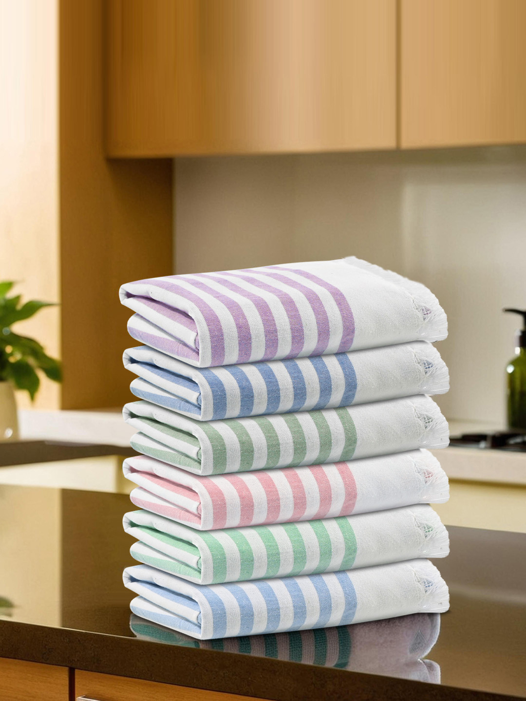 Kuber Industries White & Purple 6 Pieces Striped Pure Cotton Cleaning Cloths