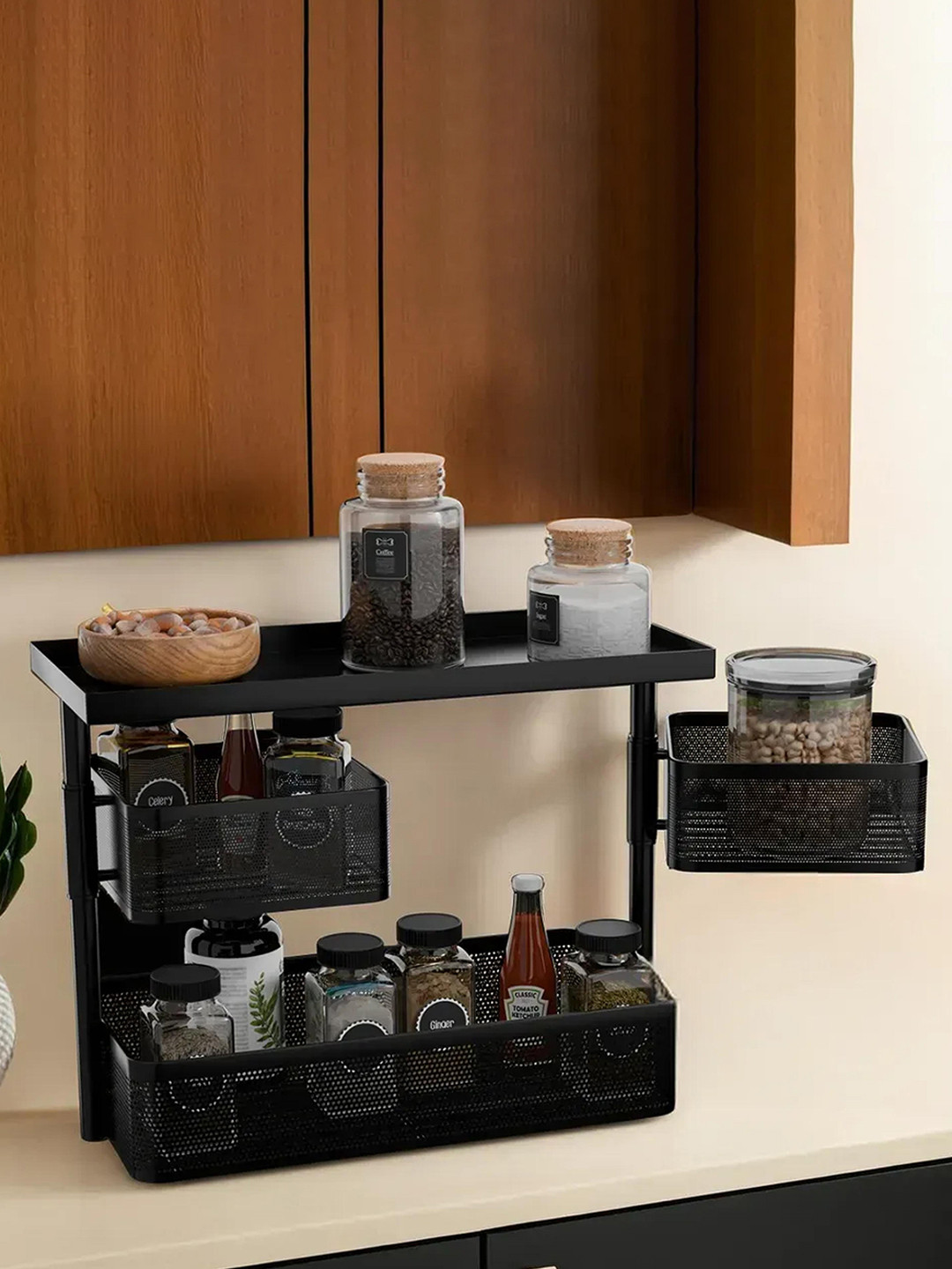 Kuber Industries Black 3 Tier Metal Kitchen Counter Stand