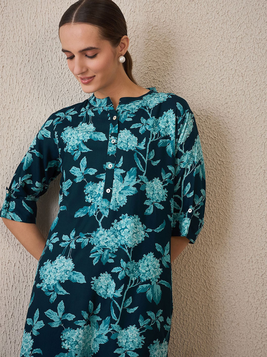 Indo Era Printed Mandarin Collar Tunic With Palazzo