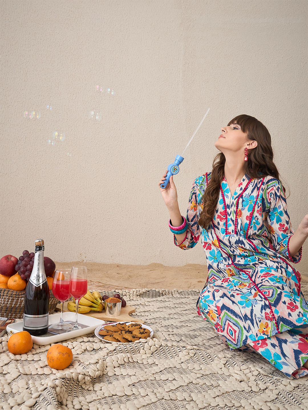 Indo Era Floral Printed V-Neck Pure Cotton Tunic With Trouser