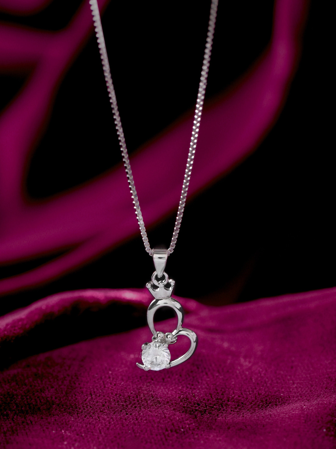 RACHIVA 925 Sterling Silver Solitaire Heart Crown Pendant with Link Chain