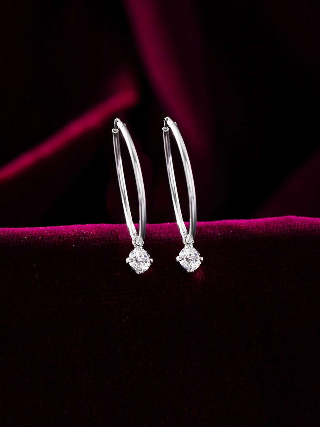 RACHIVA 925 Sterling Silver Rhodium-Plated Cubic Zirconia Studded Hoops Earrings