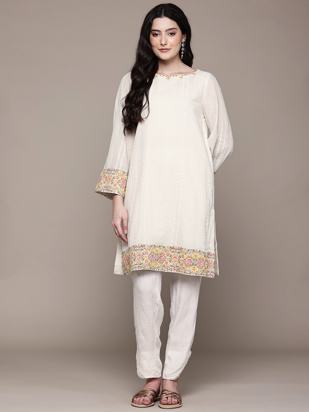 aarke Ritu Kumar Floral Embroidered Thread Work Pure Cotton Kurta with Trousers
