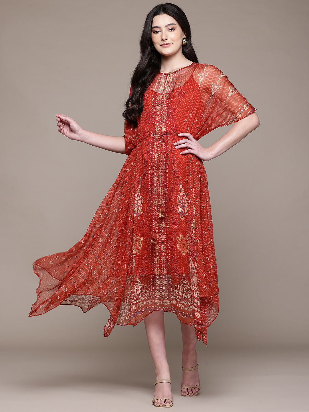 aarke Ritu Kumar Ethnic Motifs Print Keyhole Neck Batwing Sleeve Chiffon Kaftan Midi Dress