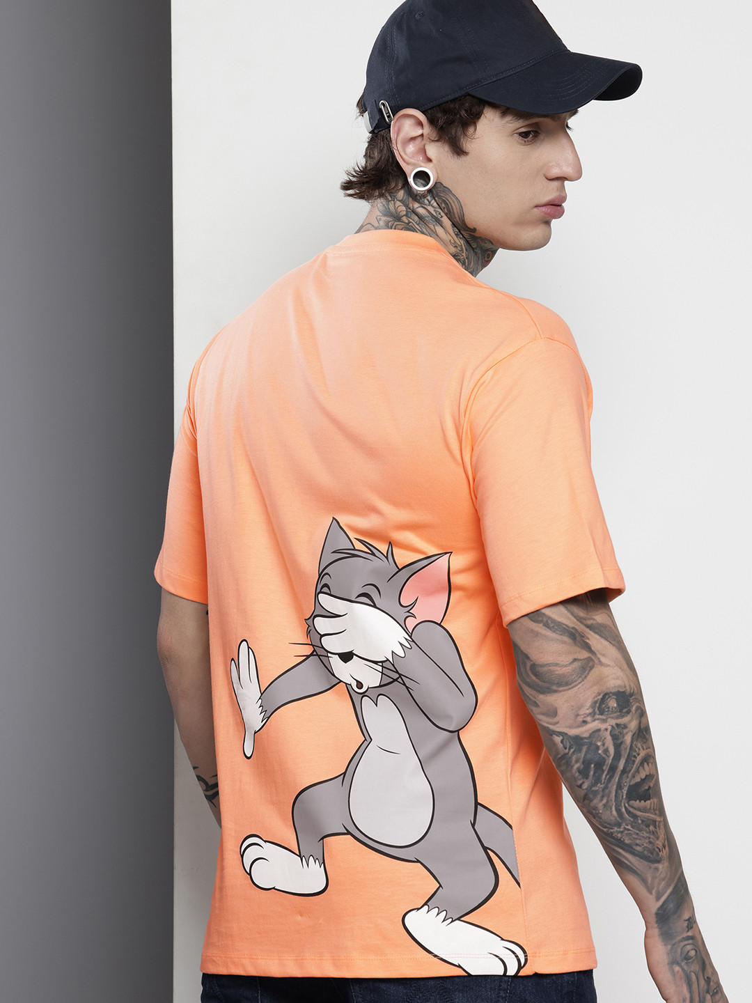 The Indian Garage Co Pure Cotton Tom & Jerry Printed Drop-Shoulder Sleeves Boxy T-shirt