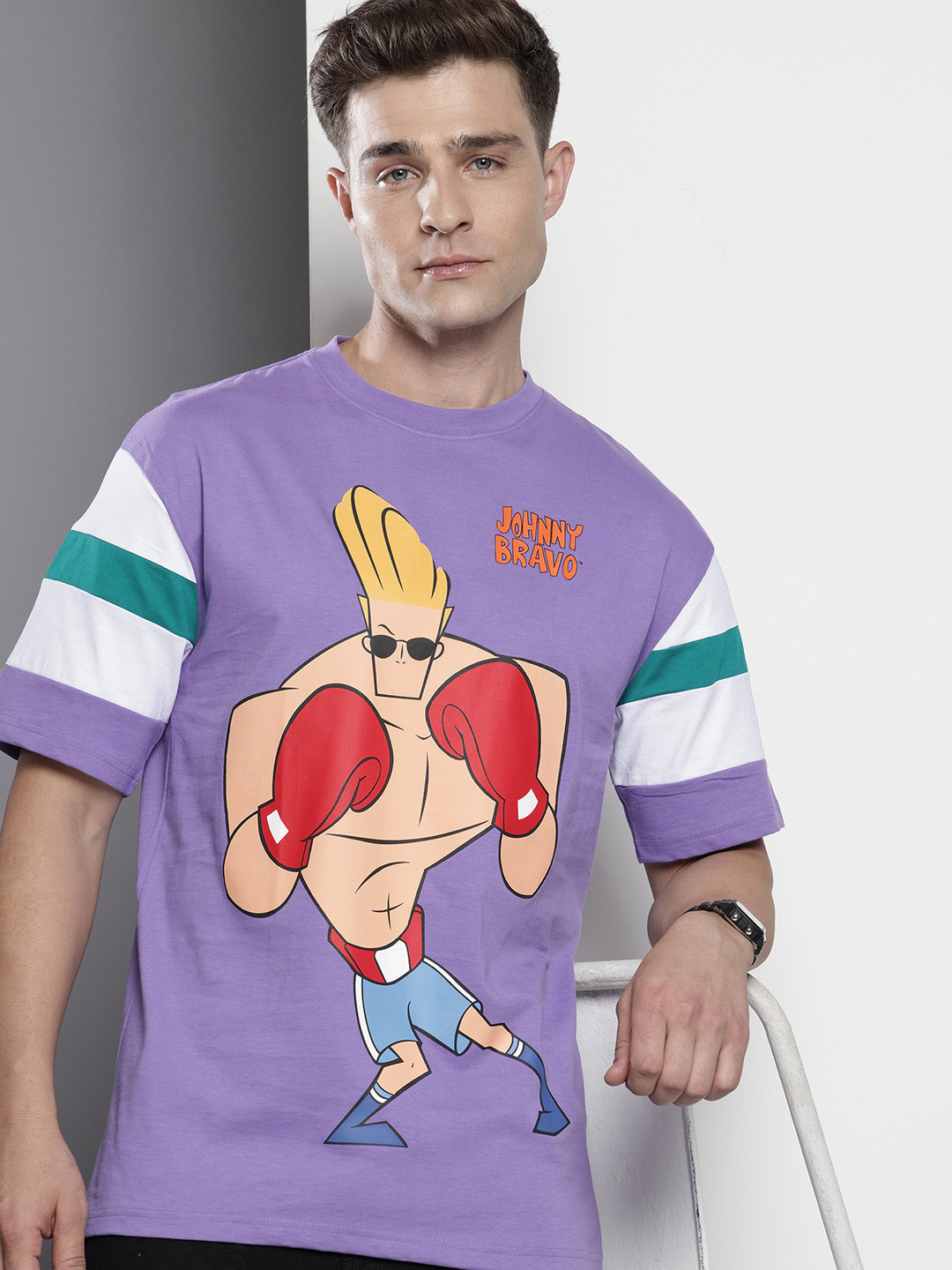 The Indian Garage Co Pure Cotton Johny Bravo Printed Drop-Shoulder Sleeves Boxy T-shirt