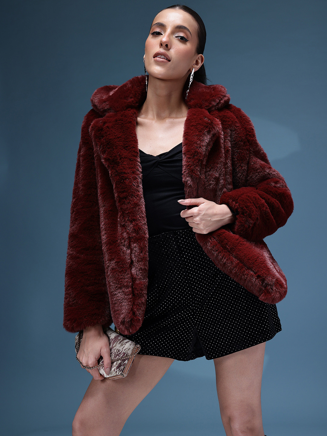 bebe Faux Fur Trim Notched Lapel Collar Front-Open Overcoat