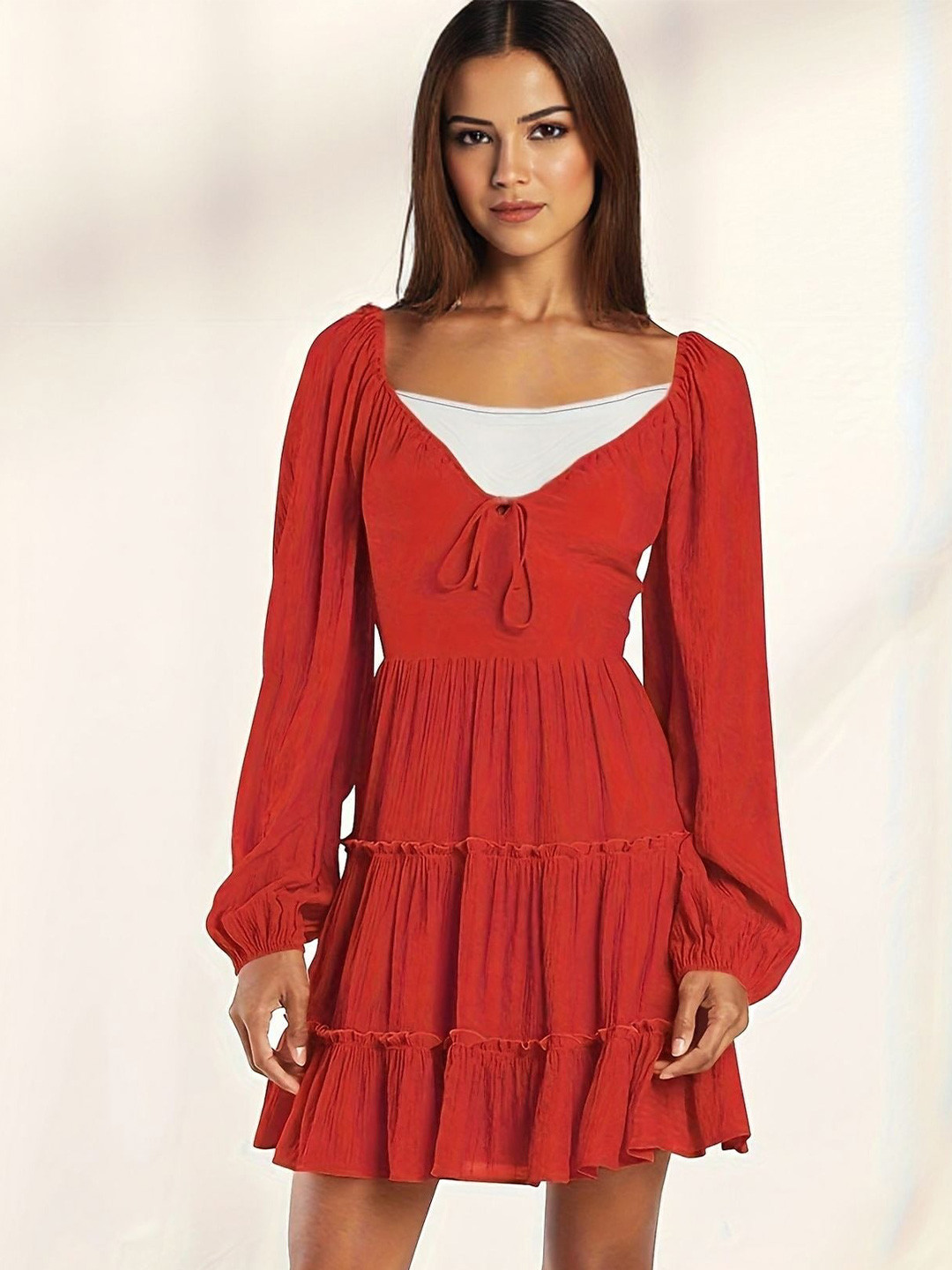 Outzidr Women Red Boho Tie-up Neck Tiered Dress