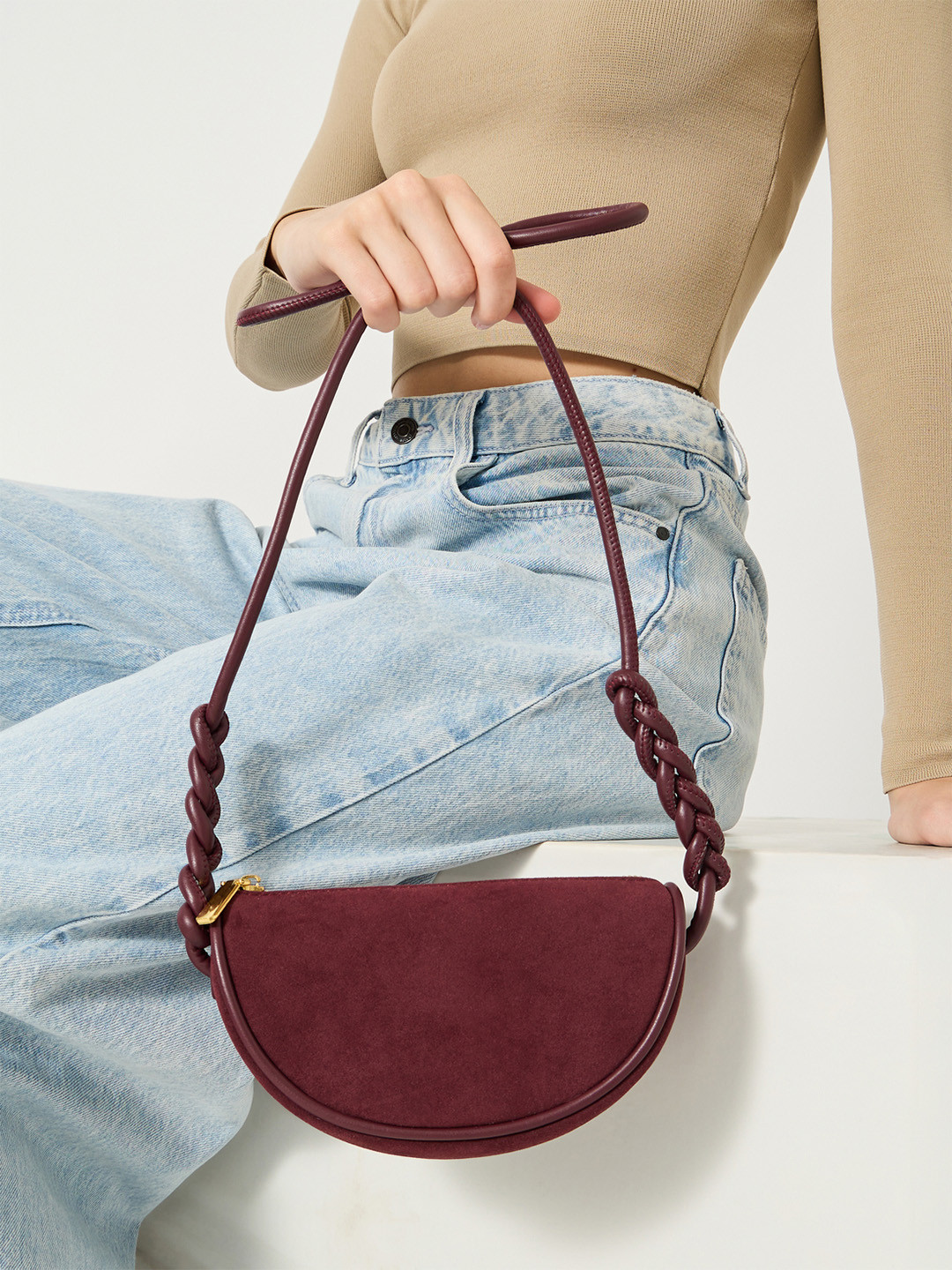 Styli Women Velvet Textured Braided Knot Sling Bag