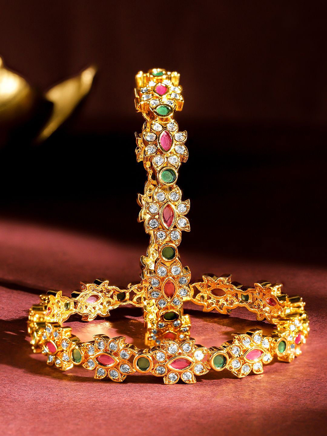 Rubans Set of 2 22K Gold-Plated Ruby Pink & Emerald Green Stone Handcrafted Bangles