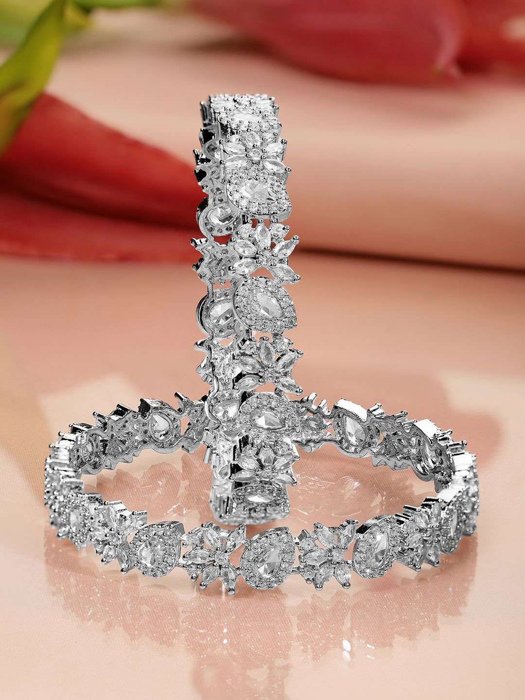 Rubans Set of 2 Rhodium-Plated Cubic Zirconia Studded Floral Pattern Premium Bangles