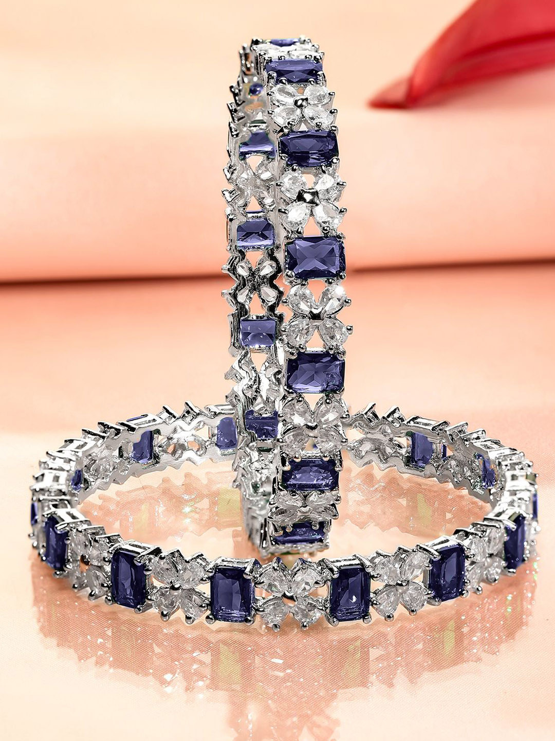 Rubans Set of 2 Rhodium-Plated Blue Sapphire & Cubic Zirconia Studded Handcrafted Bangles