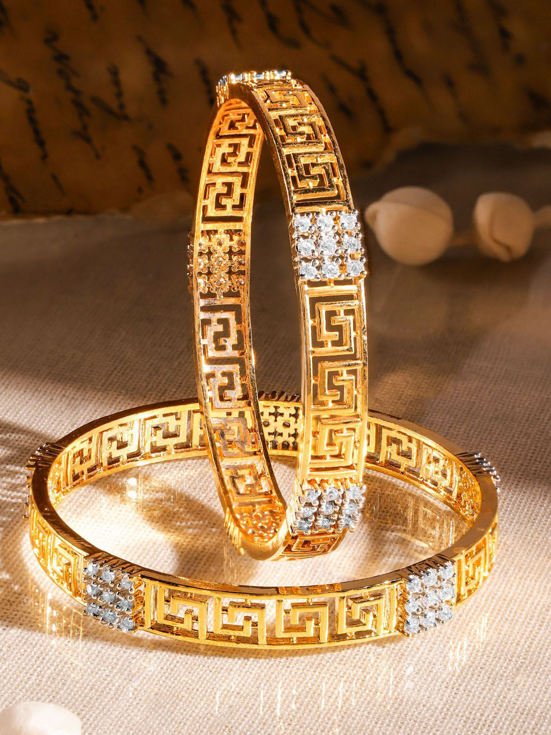Rubans Set of 2 22K Gold-Plated Greek Key Design & Cubic Zirconia Handcrafted Bangles