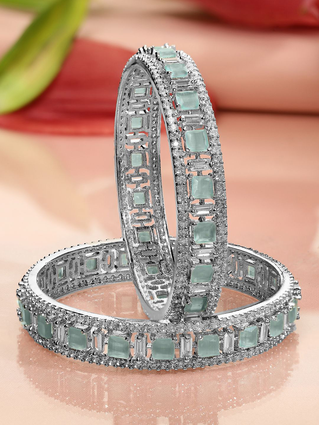 Rubans Set of 2 Silver-Plated Mint Green & White Cubic Zirconia Studded Premium Bangles