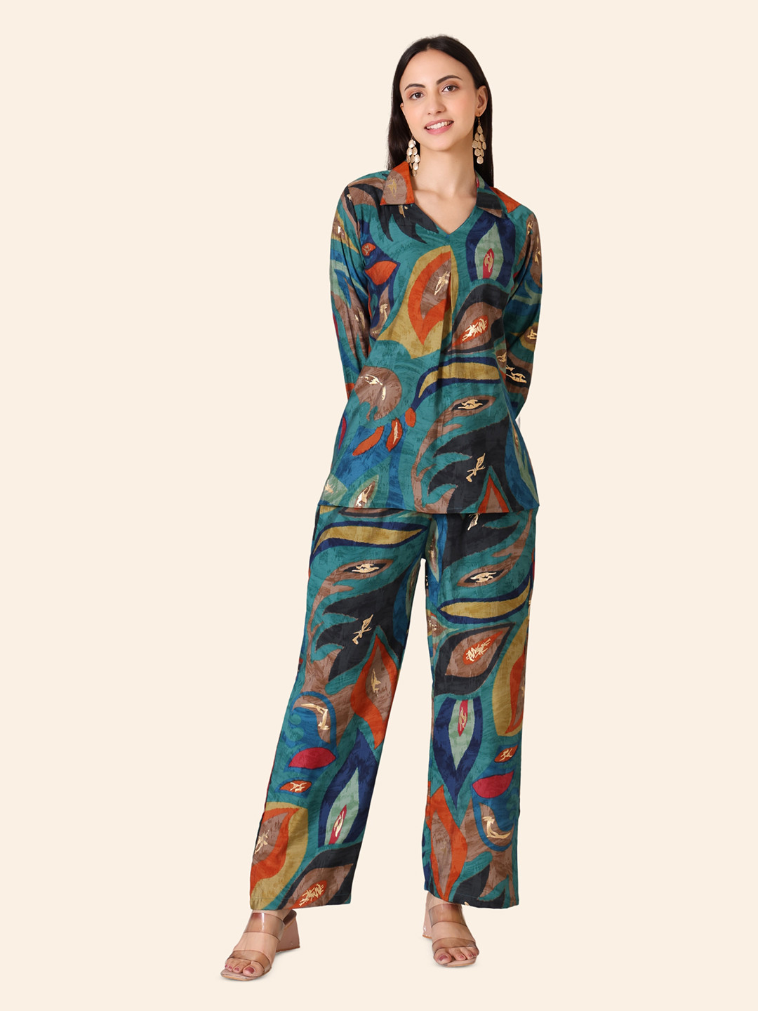DARVI Leaf Melody Printed Shirt Collar Tunic With Palazzo