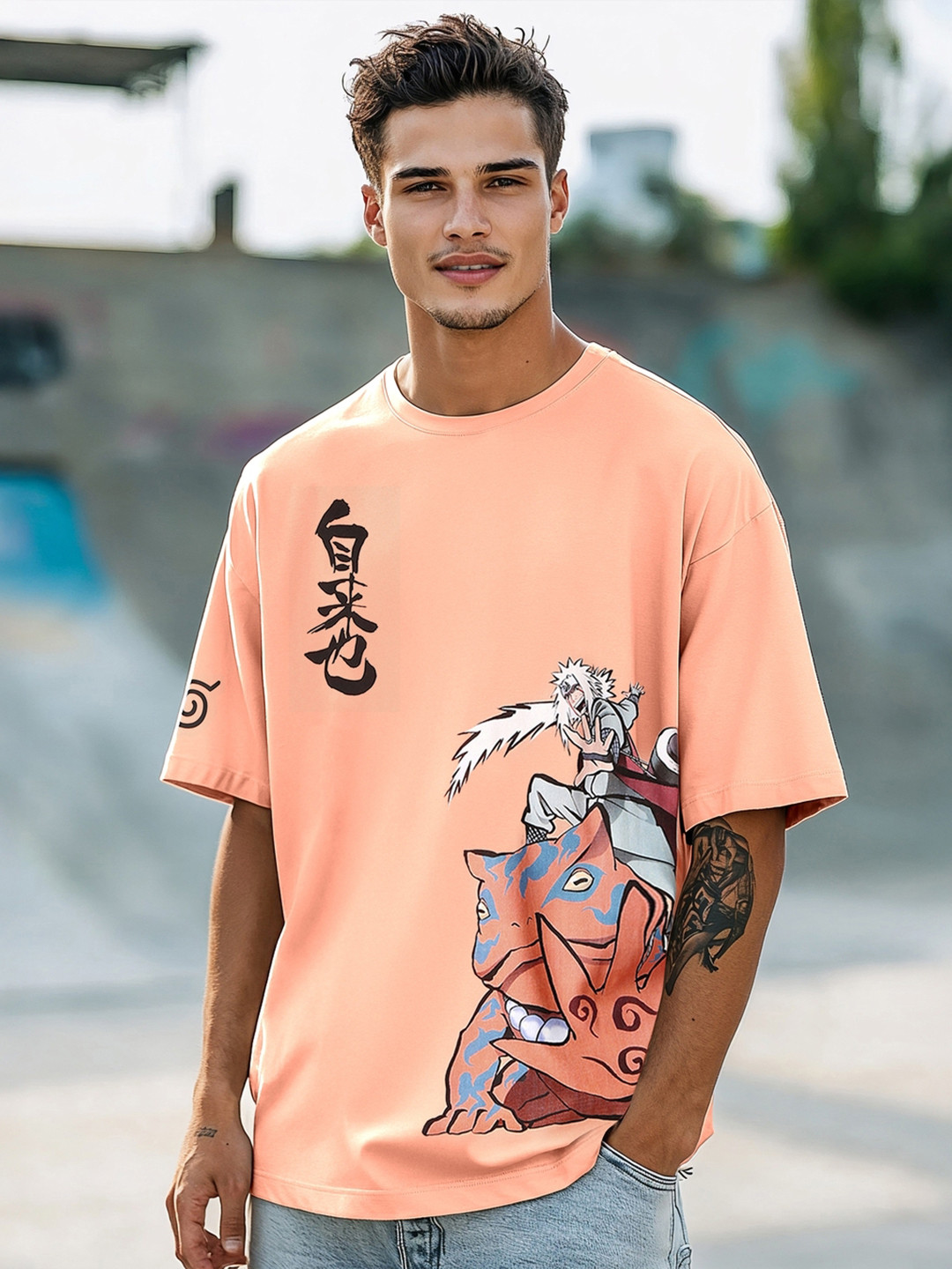 Bewakoof Official Naruto Merchandise Men's Orange Areo Senin Graphic Printed Oversized T-shirt