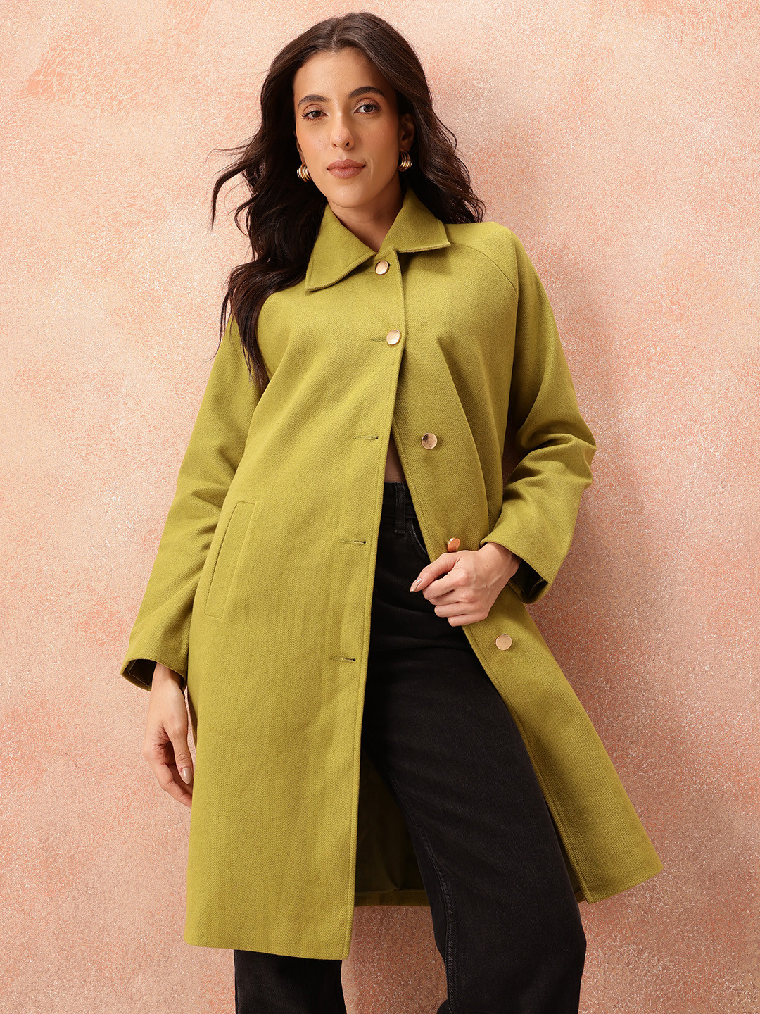 all about you Chevron Self-Design Raglan Sleeves Knee-Length Single-Breasted Overcoat