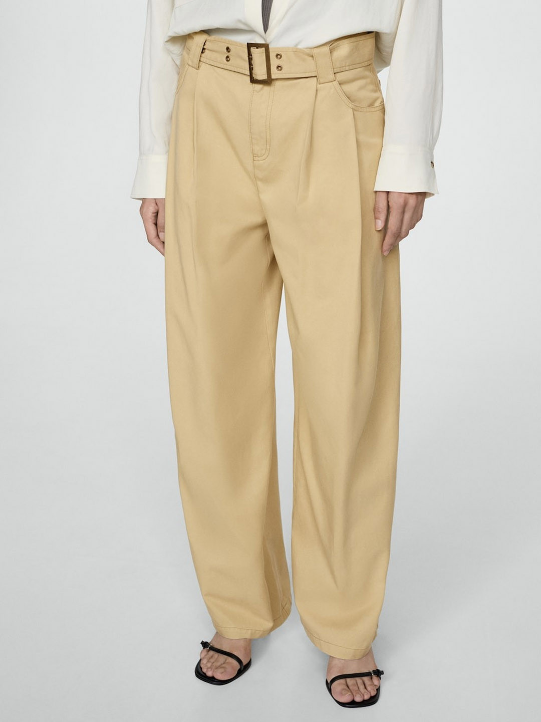 MANGO Women Straight Fit Belted Pleated Trousers