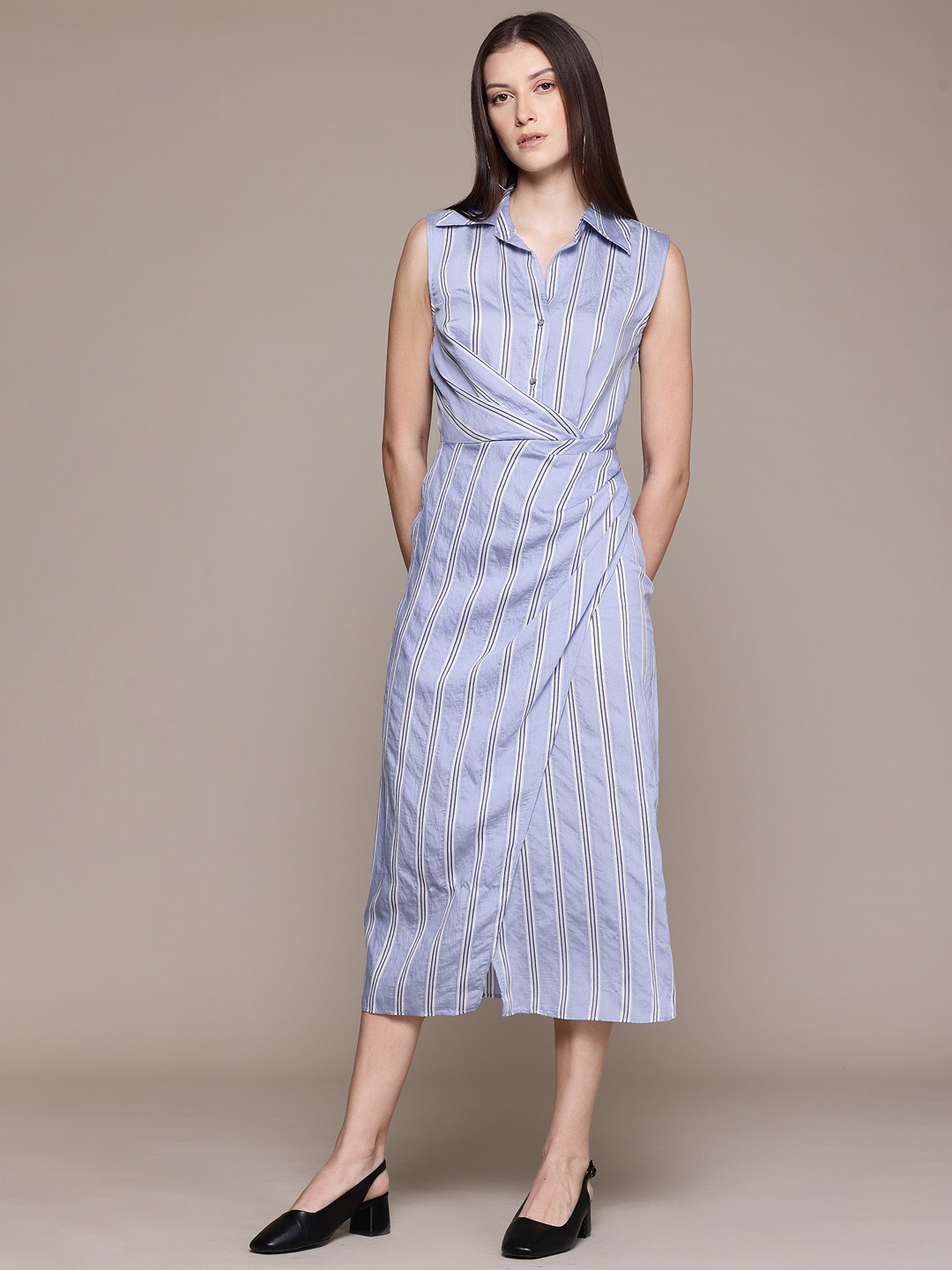 MANGO Striped Wrap Style Midi Dress