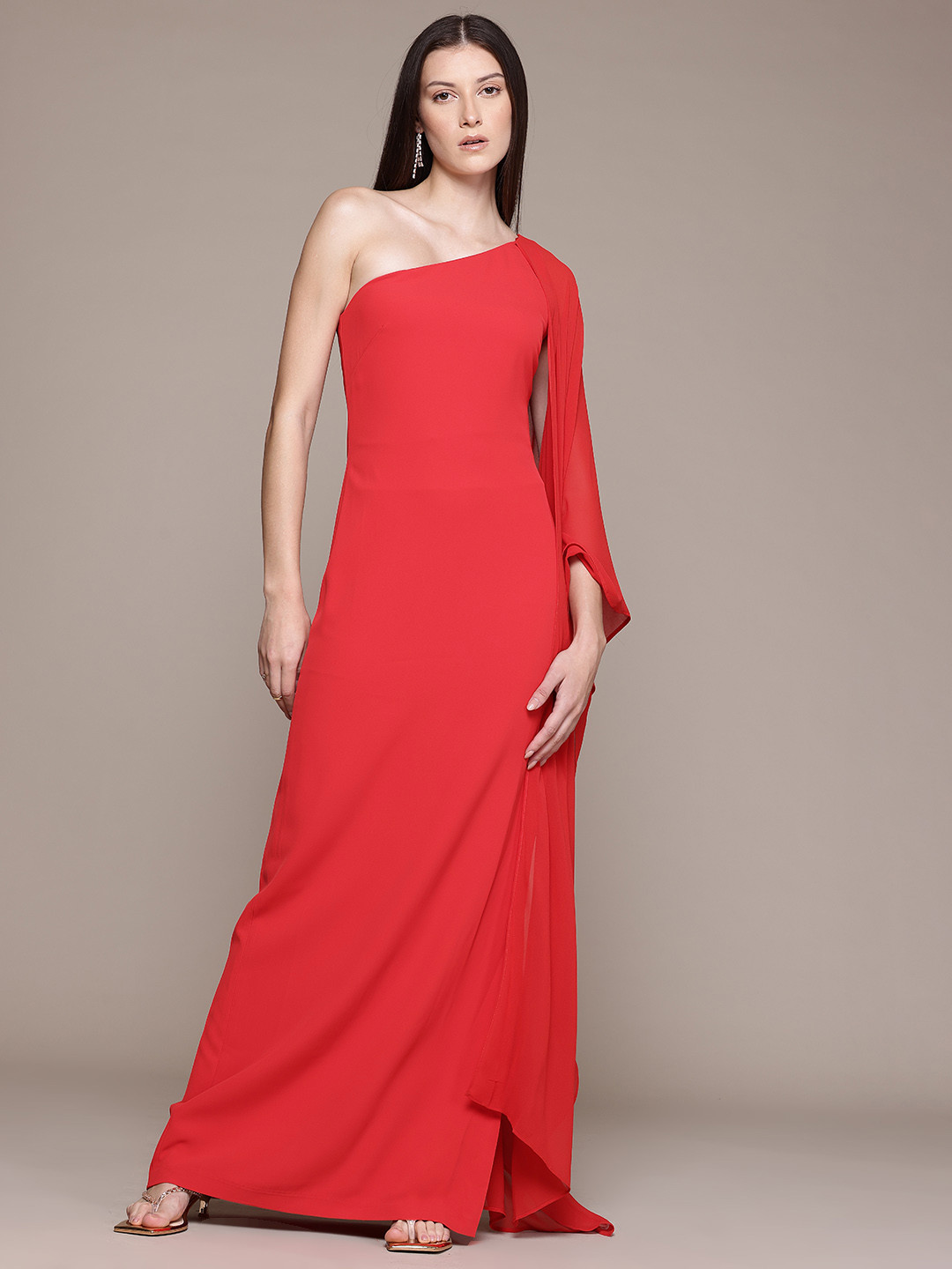 MANGO One Shoulder Slit Sleeve Maxi Dress