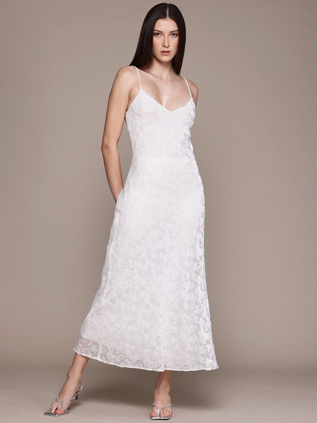 MANGO Floral Design Velvet Finish Backless Maxi Dress