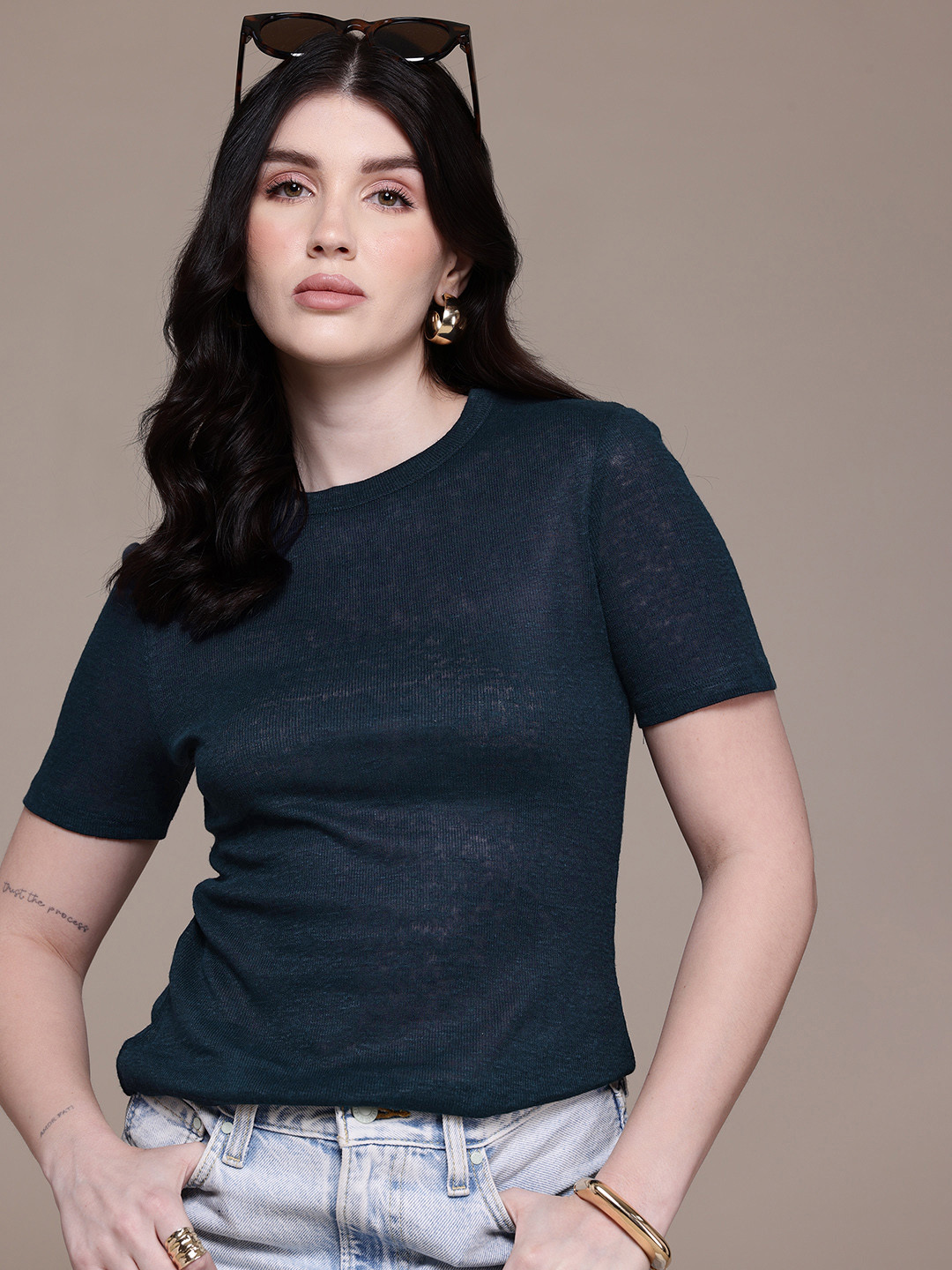MANGO Semi-Sheer Nautical Pure Linen T-shirt