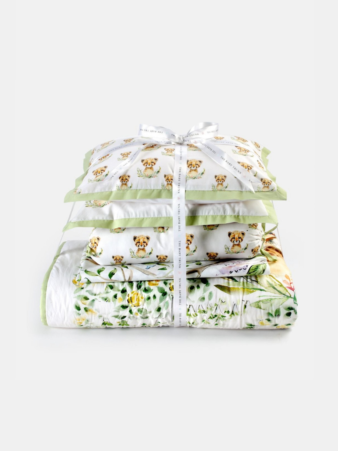 THE BABY TRUNK White & Green Cartoon Characters Egyptian Cotton 6 Piece Crib Superfine Bedding Set