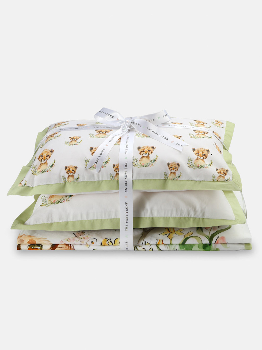 THE BABY TRUNK White & Green Cartoon Characters Egyptian Cotton 4 Piece Crib Superfine Bedding Set
