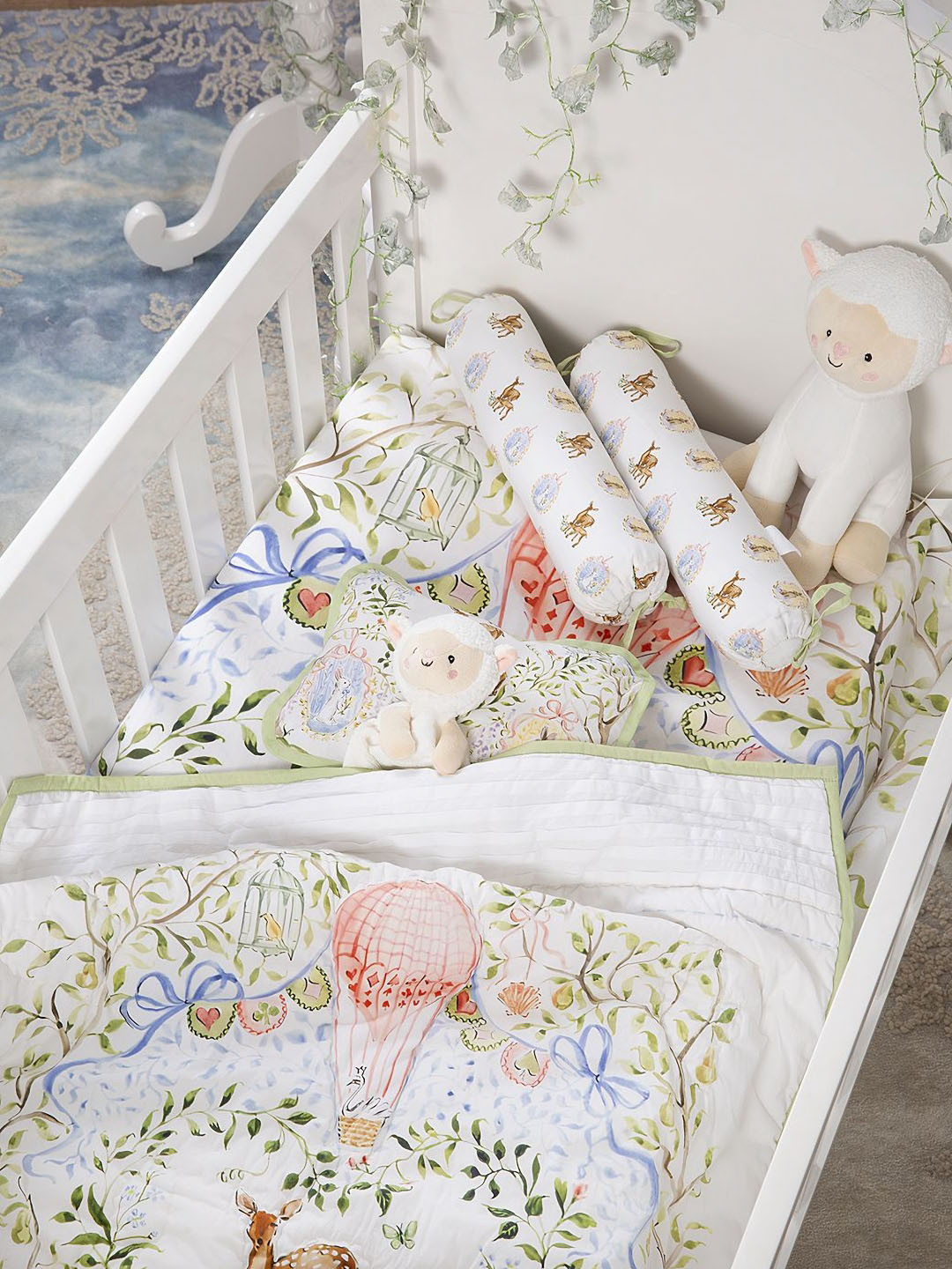 THE BABY TRUNK White & Green Cartoon Characters Egyptian Cotton 3 Piece Crib Superfine Bedding Set