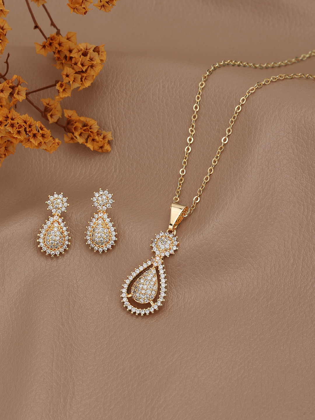 Carlton London Gold Plated with CZ Ear Drop Pendant and Earring Set