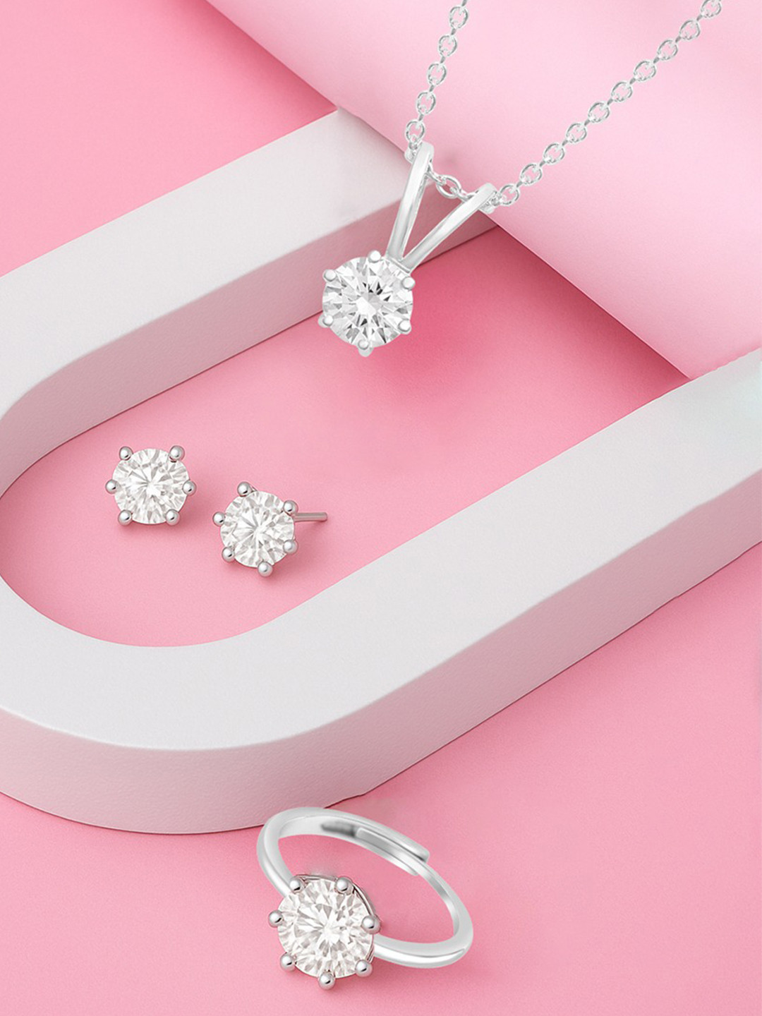 Zisthi 925 Sterling Silver Rhodium-Plated Round Solitaire Ring & Earring & Pendant-Chain