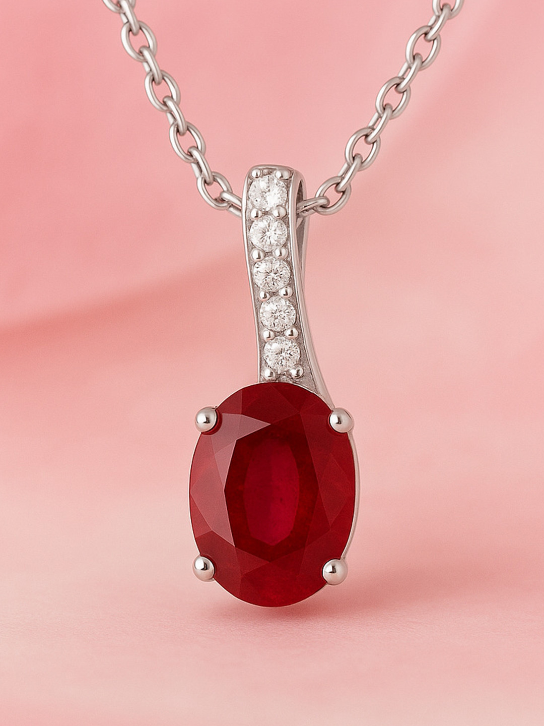 Zisthi 925 Sterling Silver Rhodium-Plated Red Ruby Studded Oval Shaped Pendant