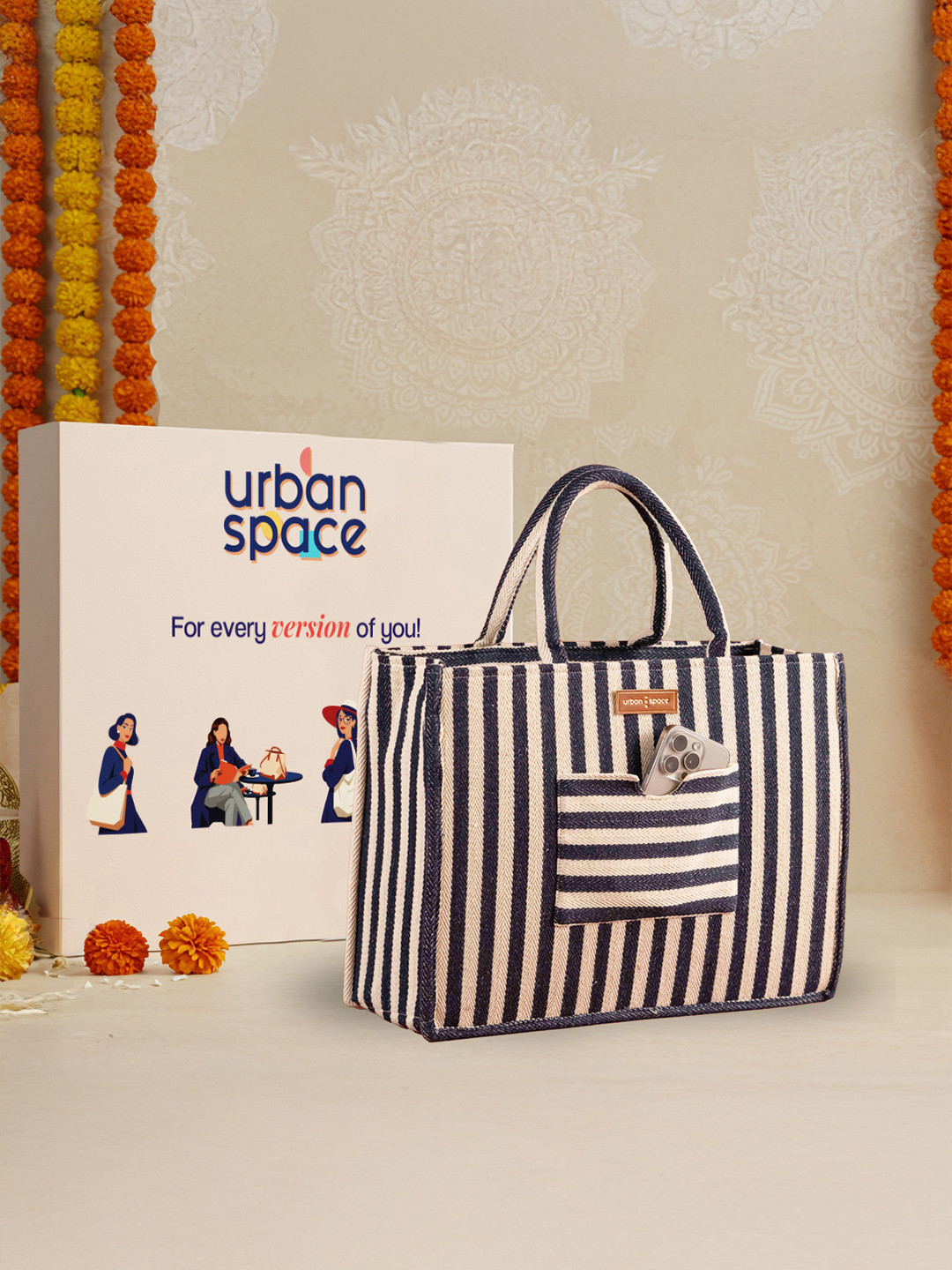 URBAN SPACE Women's Latest The Trove Box Bag - Navy Stripes