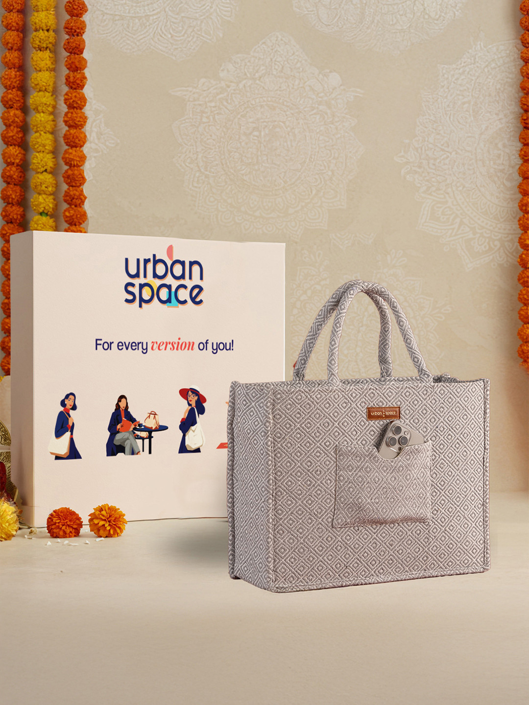 URBAN SPACE Geometric Oversized Bucket Tote Bag with Cut Work