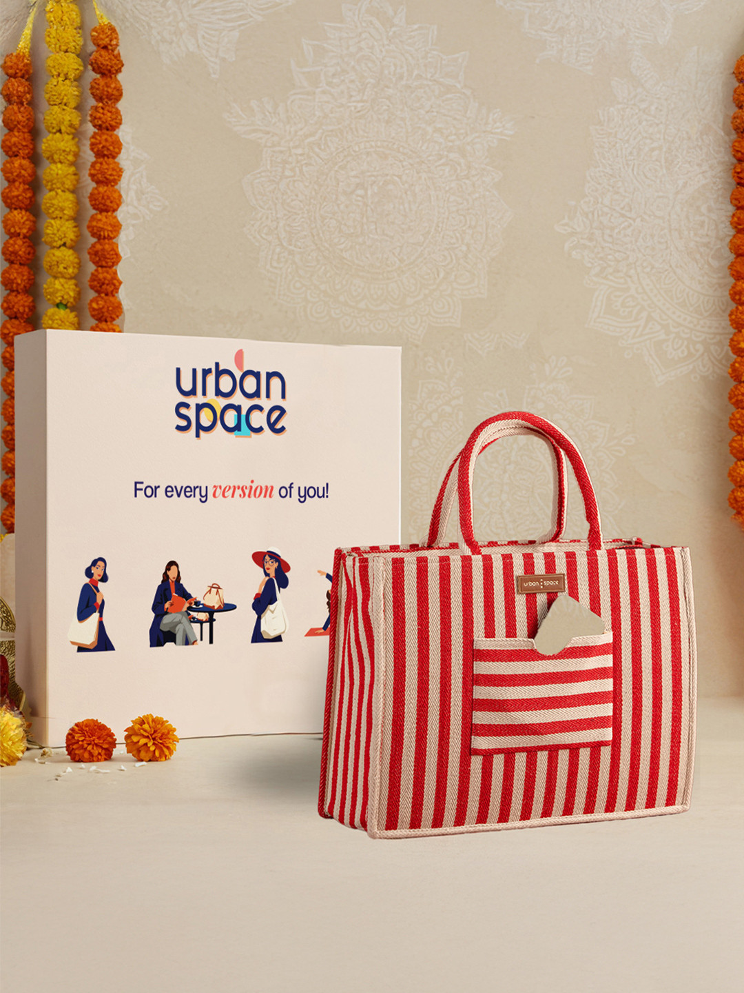 URBAN SPACE Striped Oversized Bucket Tote Bag with Cut Work