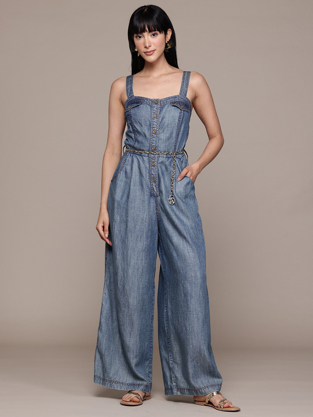 Label Ritu Kumar Blue Shoulder Straps Denim Basic Jumpsuit