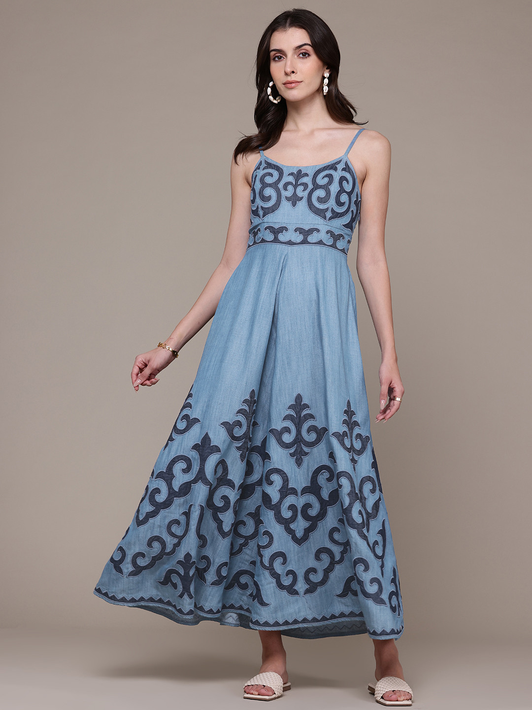 Label Ritu Kumar Ethnic Motifs Embroidered Denim Fit & Flare Maxi Dress