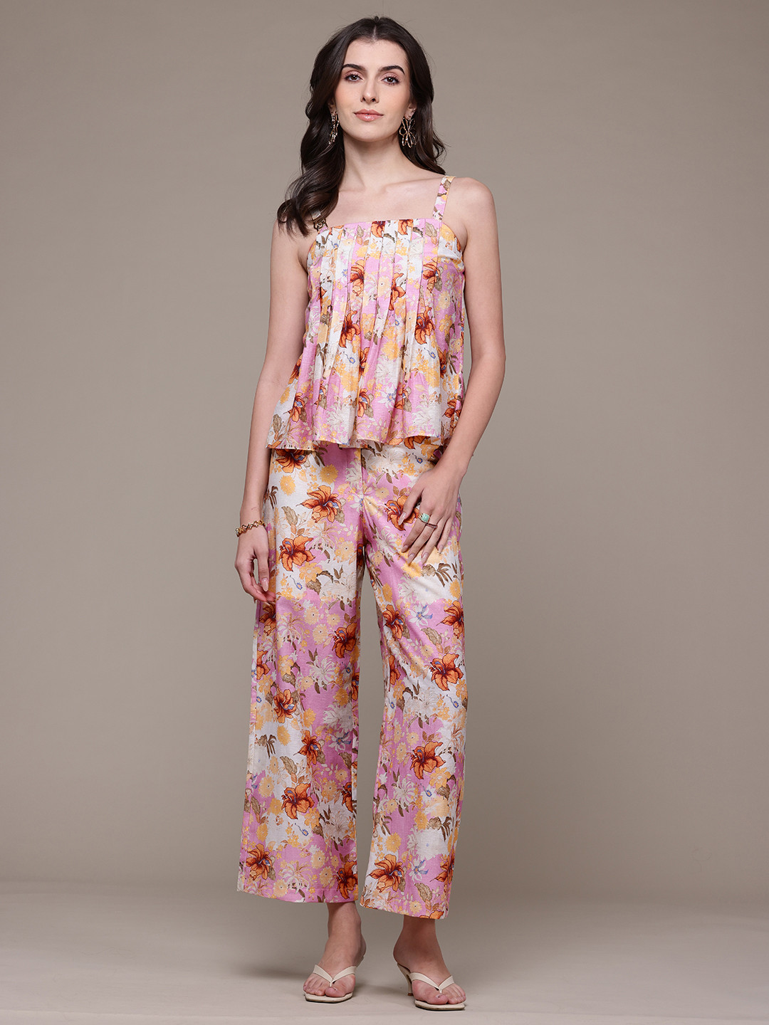 Label Ritu Kumar Floral Printed Linen Blend Top With Trousers