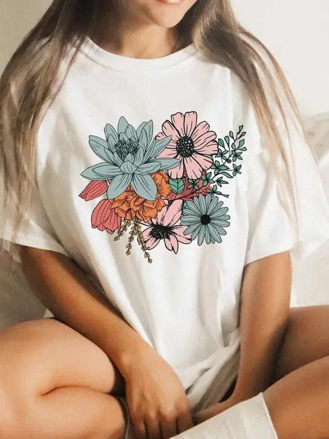 Outzidr White Floral Grapphic Print T Shirt