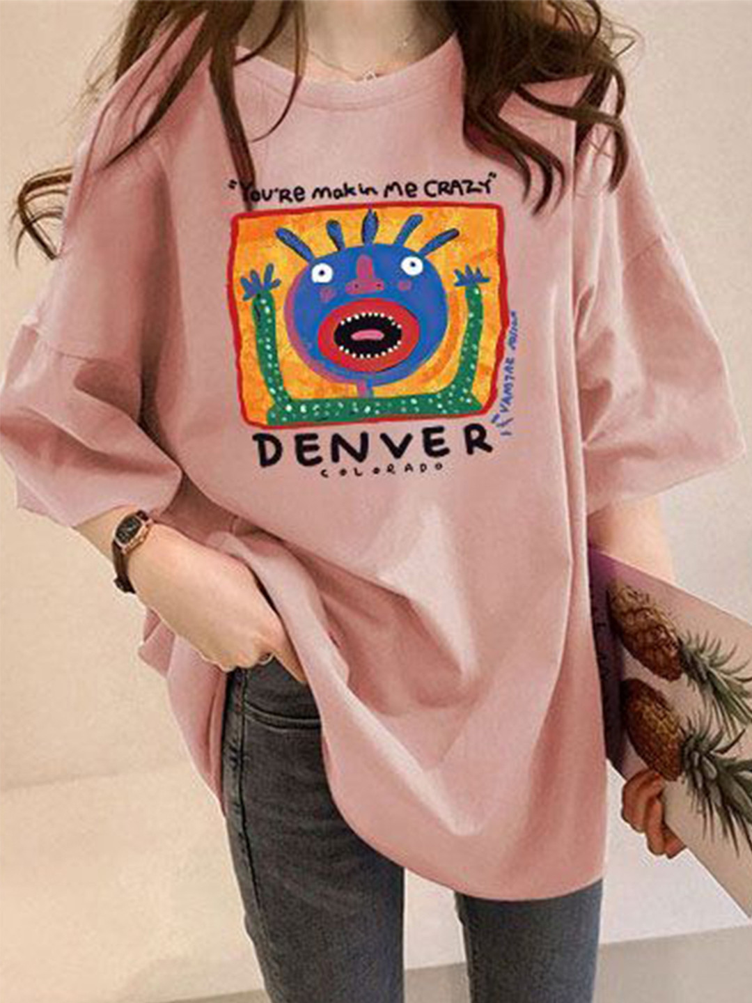 Outzidr Pink Chest Print Graphic Tshirt