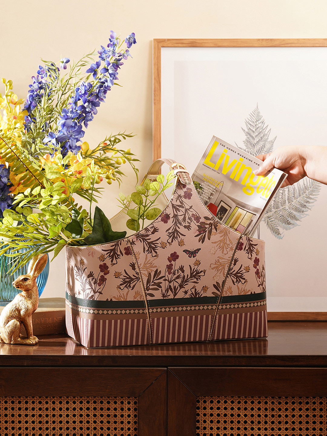 Pure Home and Living Pink & Brown Printed Faux Leather Magazine Basket Organiser