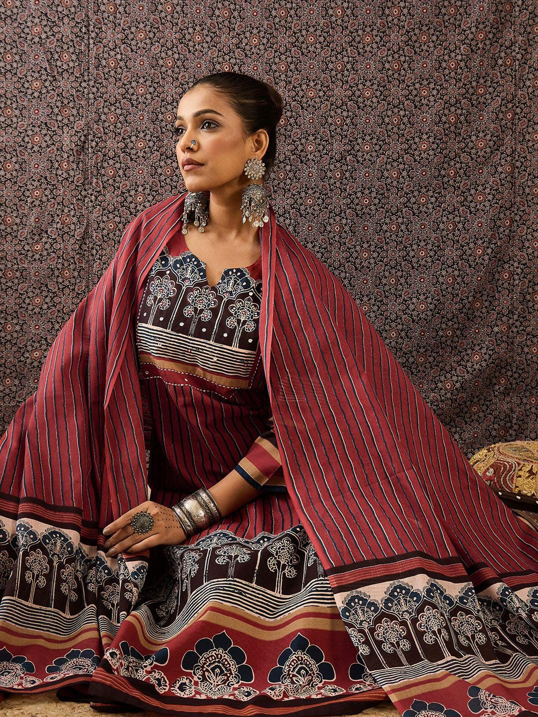 Indo Era Women Floral Printed Regular Sequinned Pure Cotton Kurta with Trousers & With Dupatta