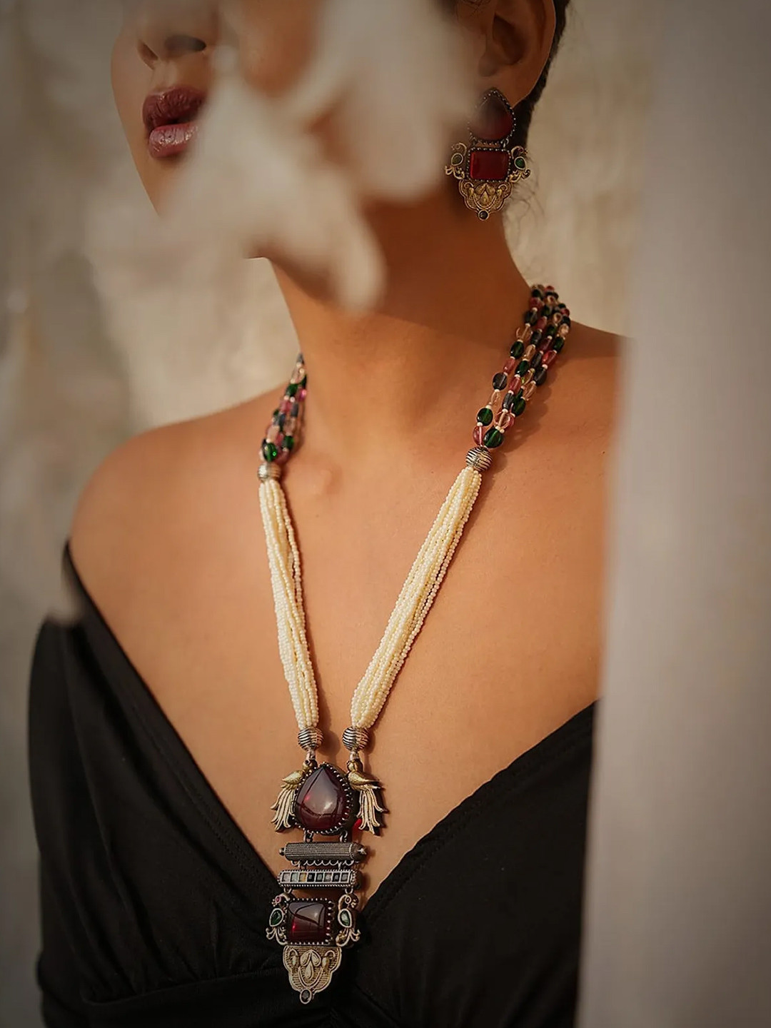 Binnis Wardrobe Gemstone-Studded & Beaded Peacock Design Avira Long Jewellery Set